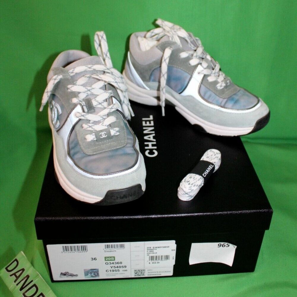 Chanel Fabric And Suede Calfskin Blue And Gray Sneakers G34360 Size Women's 36